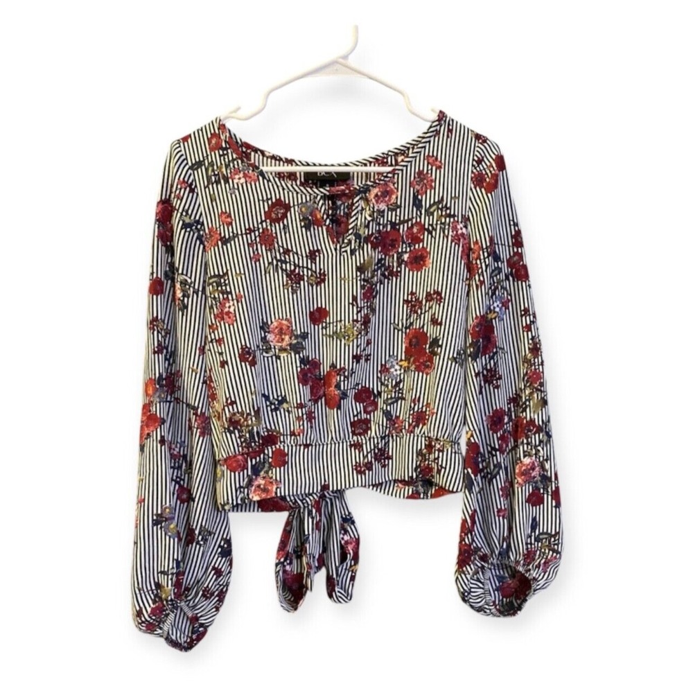 BCX Chiffon Blouse Small Multicolor Floral Stripe Tie Back Long Sleeve NWT